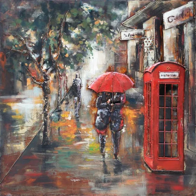 Home Schilderij - 3D metaalschilderij -Londen in de regen - 100x100cm Multikleur