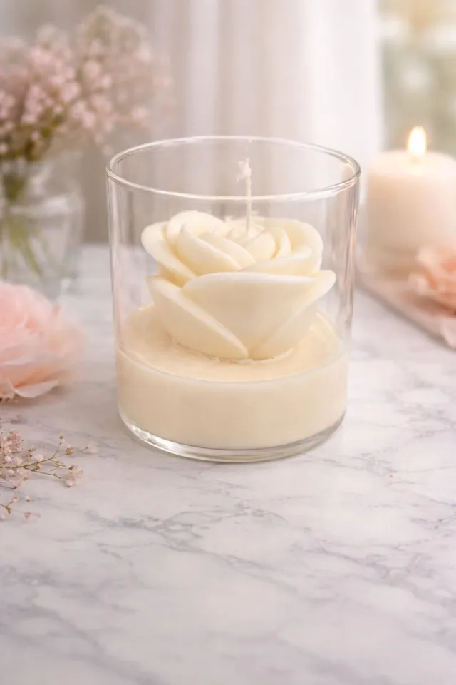 Lumen and Lux Candles Luxe Roos Kaars in Glas – Crème Wit – Handgemaakt & Romantisch – Bloemkaars Cadeau - Moederdag crème / Ivoor