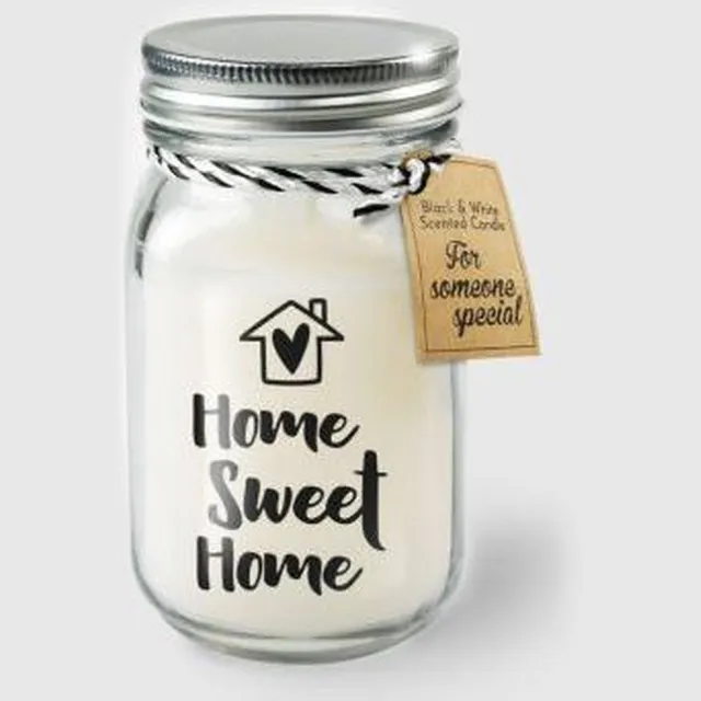 Zusenzow.com Kaars - Home sweet home - Lichte vanille geur - In glazen pot - In cadeauverpakking met gekleurd lint zwart -wit