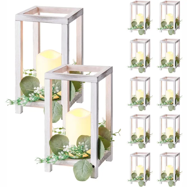 Vevor 12-Delige Set, Houten Lantaarns, Inclusief 12 Houten Lantaarnkaarshouders, 12 Vlamloze Led-Kaarsen en 12 Eucalyptusbladkransen voor Bruiloftstafels, Feesten En Boerderijdecoratie, Wit