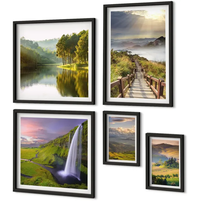Coloray 5-Delige Schilderij Set - Natuurlijke Landschappen Met Watervallen En Uitzicht Op De Bergen - 50 x 50 cm, 20 x 30 cm En 40 x 60 cm - Decoratieve Schilderijen - Wanddecoratie - Hal Zwarte lijst