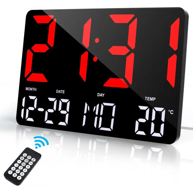 Bobypet Klok - 13 inch digitale wekker - LED display - Grote cijfers,datum, temperatuur, snooze an afstandsbediening - Functie voor decoratie, slaapkamer, woonkamer, kantoor - Rood
