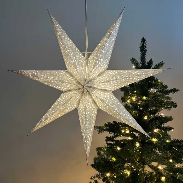MoreThanHip Kerstster papier met verlichting - 60 cm diameter, 24 cm diep - Kerst ster voor binnen - Nova Zilver/Zilver Glitter - FSC papier - Incl. 3 m. snoer met stekker, schakelaar en E14-fitting - Kerst Raam decoratie - Kerstversiering - Kerstverlichting