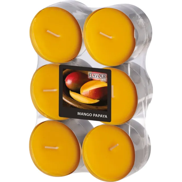 Conpax Candles Geur theelichtjes/waxinelichtjes - Maxi - 12x - Mango-papaya aroma - 8 branduren Donkergeel