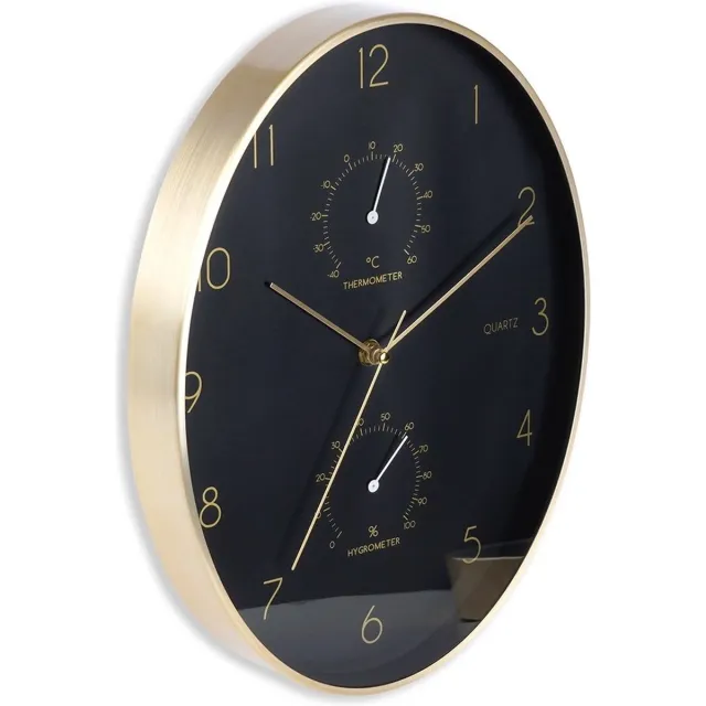 vilde Wandklok - Aluminium - Zwart met Goud - 27 x 34,5 cm - Met Thermometer en Hygrometer