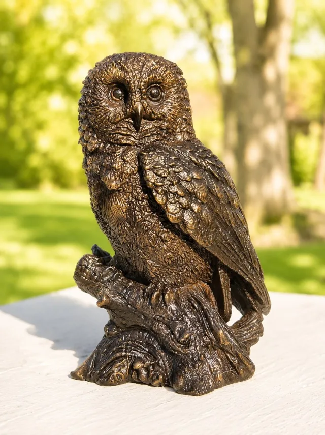 Bronzartes Bronzen dierenbeeld / UIL / op boomstam / vogel / BRUIN