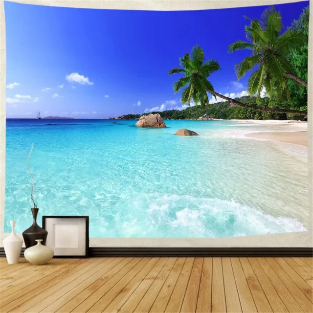 Ulticool Strand Natuur Zee Eiland Palmboom - Wandkleed - 200x150 cm - Groot wandtapijt - Poster Veelkleurig