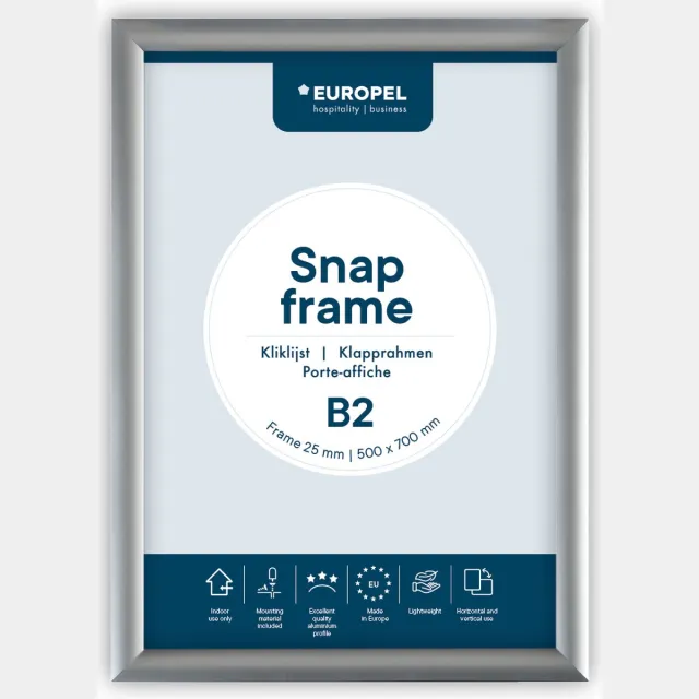 Europel Kliklijst – Posterlijst – B2 – 50 x 70,7 cm – 25mm – Aluminium – Zilver