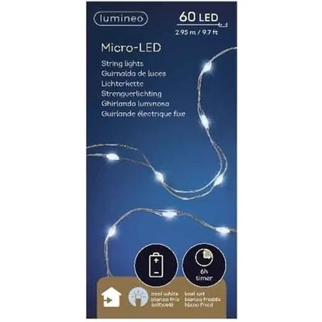 Lumineo Micro Draadverlichting - 60 leds - timer - helder wit - 95 cm - kerstverlichting