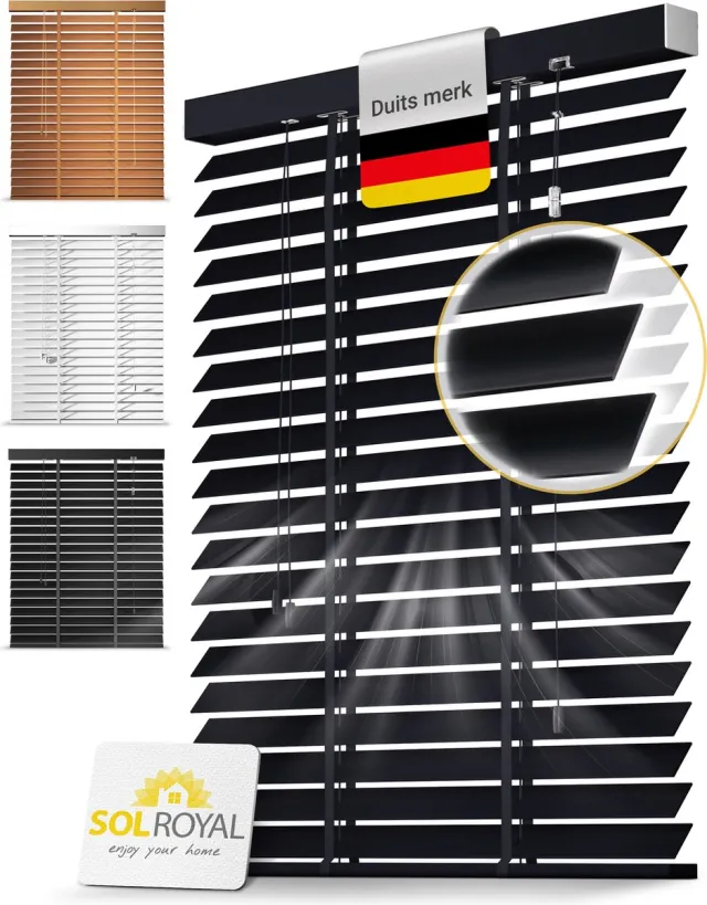 Sol Royal BE5 Houten Jaloezieen Zwaart 50 mm Lamellen Extra Breed 100x180 cm Eenvoudige Montage aan Muur & Plafond Echt Hout Rolgordijn Raam & Deur
