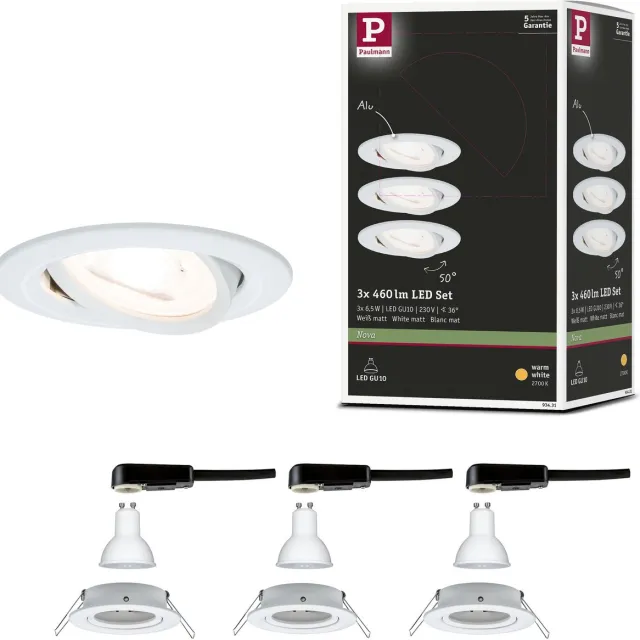 Paulmann LED-inbouwlamp Nova schwenkbar Basisset zwenkbaar rond 84 mm 50° GU10 3x6,5W 3x460lm 230V 2700K Wit mat