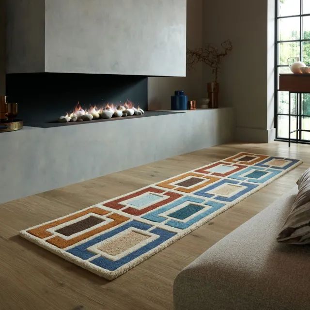 flycarpets Loper - Retro Vloerkleed Geblokt - Handgetuft Gekleurd - Blauw / Multi 60 x 230 cm