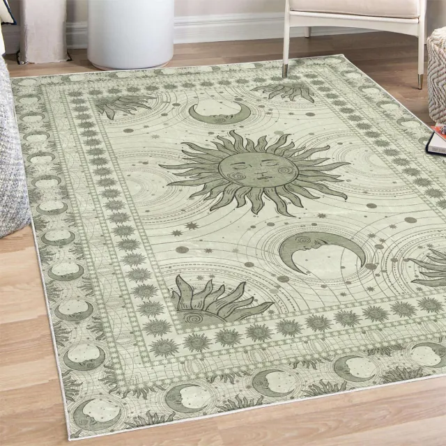 ABAKUHAUS Decoratief vloerkleed met zon en maan, hoogwaardig vloerkleed voor slaapkamer en woonkamer, 76x152 cm, Reseda