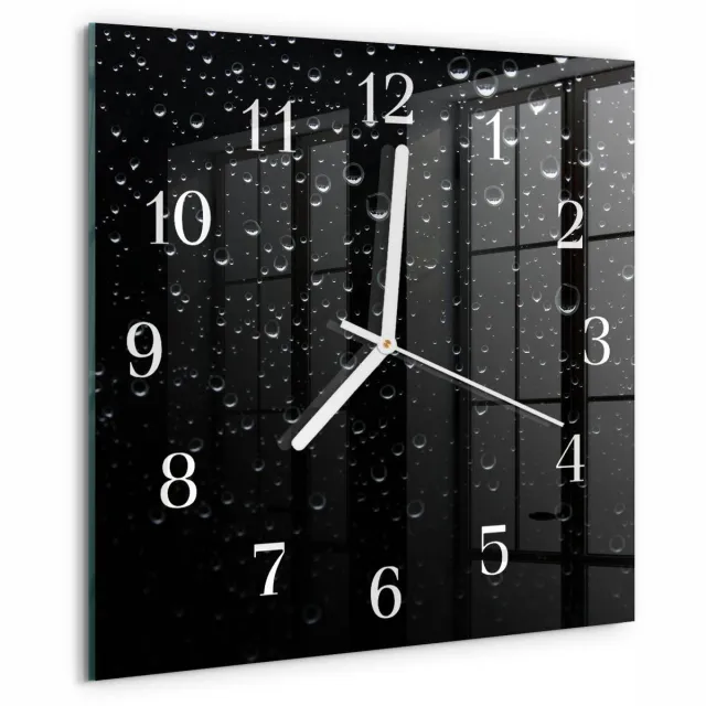 TULUP Wandklok - Druppels Moderne Glazen Wandklok - 30x30 cm - Zwart Wandklok Glas Met Motief - Witte Handen - Vierkante Wandklok - Wandklok Glas Decoratie - Gekleurde Glazen Klok Zwart - Druppels