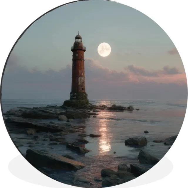 WallCircle Wandcirkel - Muurcirkel - Vuurtoren - Stenen - Water - Maan - Aluminium - Dibond - 90x90 cm - Binnen en Buiten Vuurtoren - Maan