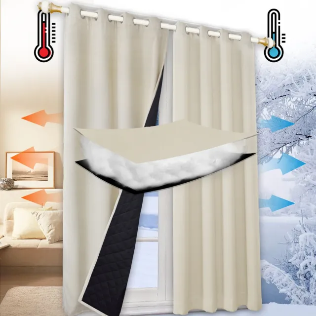 Qelus 100% Opaque Warmte-Koud Isolerend Gordijn met Ringen - Blokkeert Geluid - 1 stuk Verduisteringsgordijnen voor Woonkamer & Slaapkamer - 132x244cm - Voor Winter & Zomer - Gratis Bindband - Beige