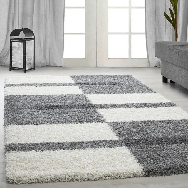 Gala Hoogpolig vloerkleed met ruitpatroon, lichtgrijs, geschikt voor de woonkamer, met jute achterkant, afmetingen: 100 cm x 200 cm