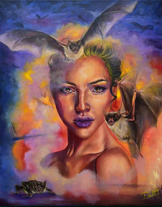 myDeaNA Canvas schilderij - Vrouwenportret met Vleermuizen - Spirituele Kunst & Symboliek - 80 x 100 cm. - myDeaNA blauw-oranje