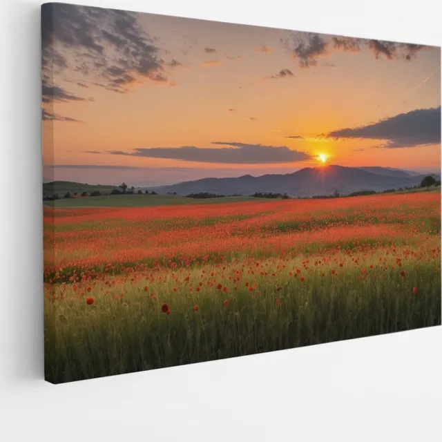 Saammp Canvas Schilderij - Rood bloemenveld met bergachtig landschap - Natuur - 90x60 - Foto op canvas - Wanddecoratie - Muurdecoratie Woonkamer - Slaapkamer decoratie - Canvas Print Multicolor