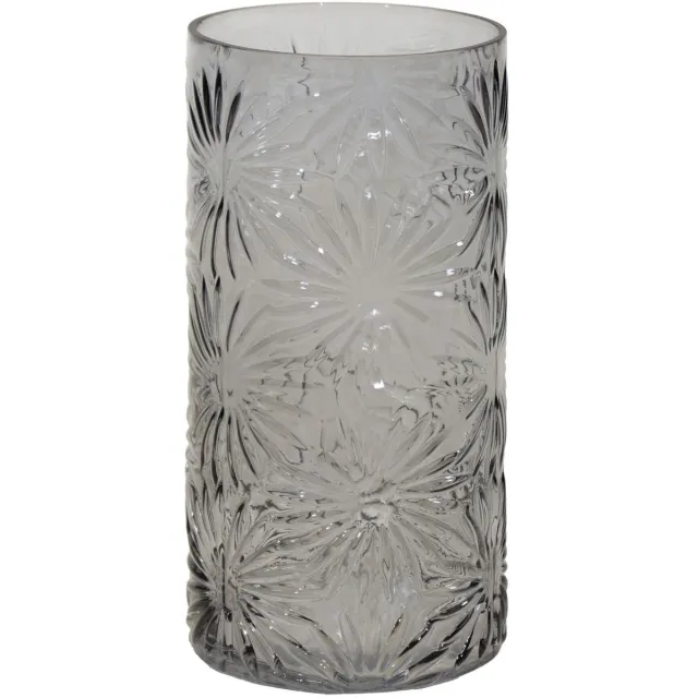 Mega Collections Bloemenvaas Debby - grijs - glas - bloem relief - 15 x 30 cm