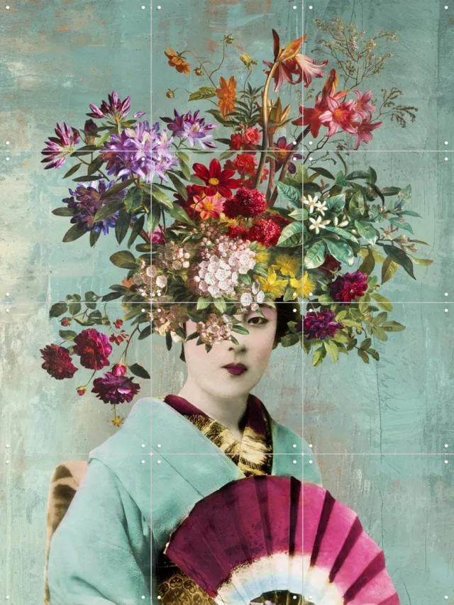 IXXI Botanical Japanese, Marja van den Hurk - 60 x 80 cm - Grote wanddecoratie en posters - Grafisch Ontwerp, Kleurrijk, Collage, Woonkamer Blauw / Roze / Paars