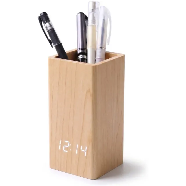 TIN-IN Digitale klok - Bureauklok - Wooden look - Zwart + Witte cijfers - Pennenbakje Licht hout