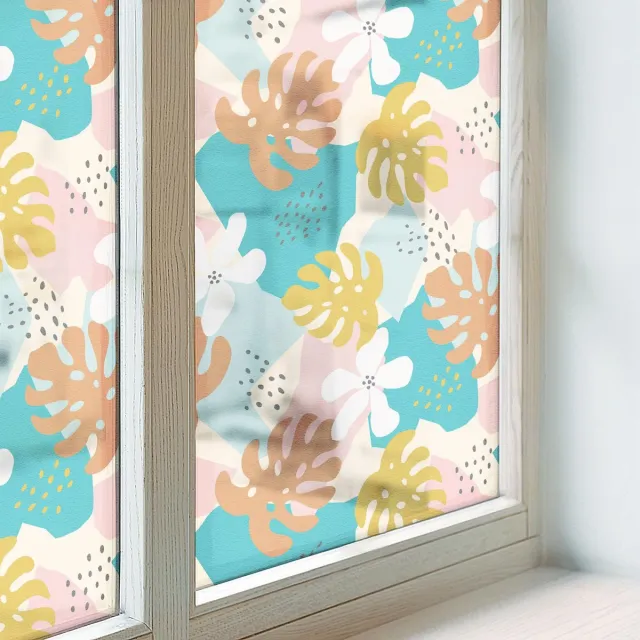 Coloray Privacy Folie Raam - Exotische natuur Raamfolie Tegen inkijk - 100x146 cm - Veelkleurig Anti inkijk Raamfolie - Zelfklevende Anti inkijk Folie Glas in Lood - Voor de woonkamer, slaapkamer en hal. - Zonwerende Raamfolie Glas in Lood Veelkleurig - Exotische natuur