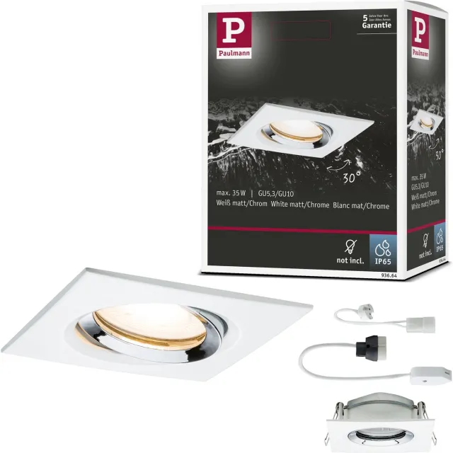 Paulmann Inbouwlamp Nova Plus zwenkbaar IP65 hoekig 93x93 mm 30° GU5,3 / GU10 max. 35W 230/12V dimbaar Wit mat, Chroom