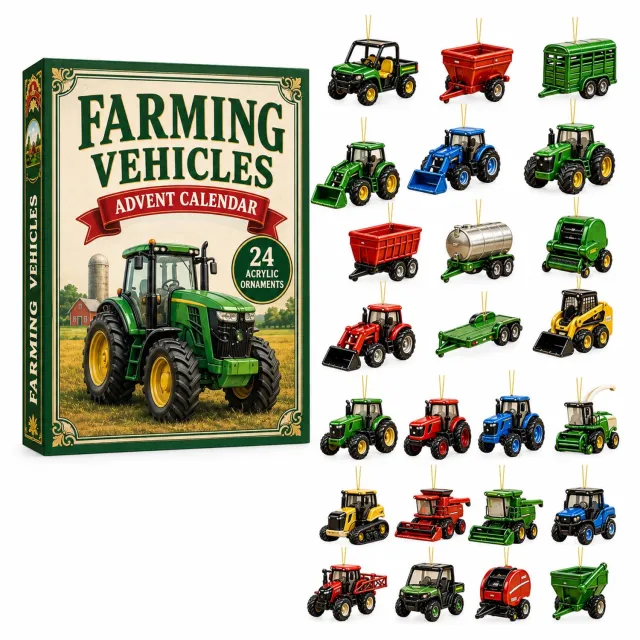 SWGOTA Adventskalender met 24 platte landbouwvoertuighangers - Met ophanglussen - In doos Groen