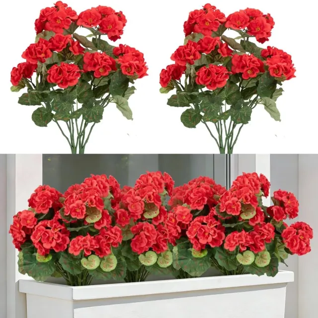 PZCC Kamer Decoratie - Nepplanten Kunst plant - UV-Bestendige Kunstbloemen - 2 Stuks Kunst Geranium Rood voor Buiten - Kamer Decoratie - Weerbestendige Kunstbloemen - 35 × 25 cm PZCC