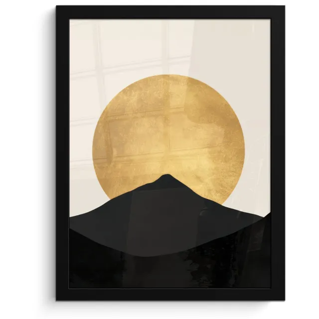 FrameYourWall Poster in lijst - Fotolijst 30x40 cm - Posters - Bergsilhouetten - Gouden cirkel - Beige - Posterlijst zwart - Decoratie - Wanddecoratie woonkamer - Muurdecoratie slaapkamer Bergsilhouetten - Cirkel