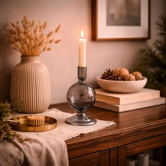 Arti Casa Candle Holder Ball - Bolvormige Kandelaar van Glas - Trendy en Stijlvol Ontwerp voor Ieder Interieur - Geschikt voor Diverse Soorten Kaarsen - Afmetingen Ø8x18cm - Kleur Grijs