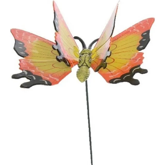 Decoris tuin deco vlinder op stok - geel - metaal - 12 x 70 cm - dieren decoraties - bewegend