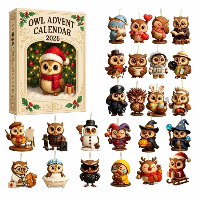 SWGOTA Adventskalender 2026 met 24 platte uilenhangers, inclusief uil in bad, in kartonnen doos Bruin