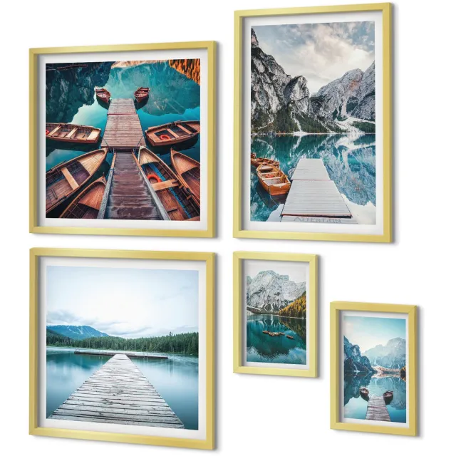 Coloray 5-Delige Schilderij Set - Berglandschappen Met Waterpaden En Boten - 50 x 50 cm, 20 x 30 cm En 40 x 60 cm - Muurdecoratie - Wanddecoratie - Hal - Stijlvolle Muurdecoratie Gouden lijst