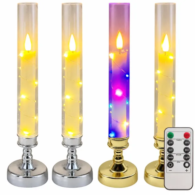 SWGOTA led kaarsen, set van 4 - Zilveren kandelaars met transparante buis, meerkleurige draadverlichting, warmwit knippereffect en 10-knopsafstandsbediening