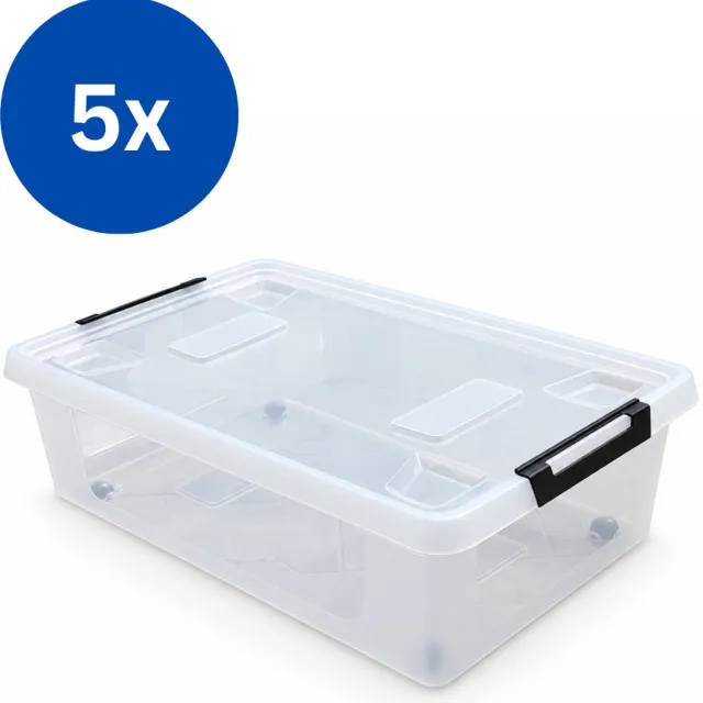 HL Agenturen HL - Opbergbox met deksel - 30 Liter - Set van 5 stuks - Opbergdoos met wieltjes - Stapelbaar - Kunststof - Transparant