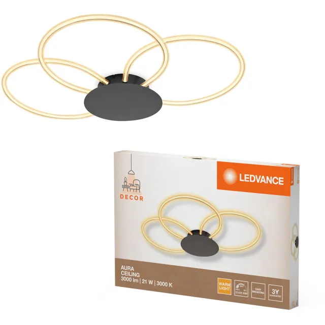 LEDVANCE Decor Aura plafondlamp van gebogen polycarbonaat met LED en filamentontwerp, 21 W, 2200 lm, 3000 K, 830 warm wit, click dimbaar, donkergrijs, kunststof (PC), IP20