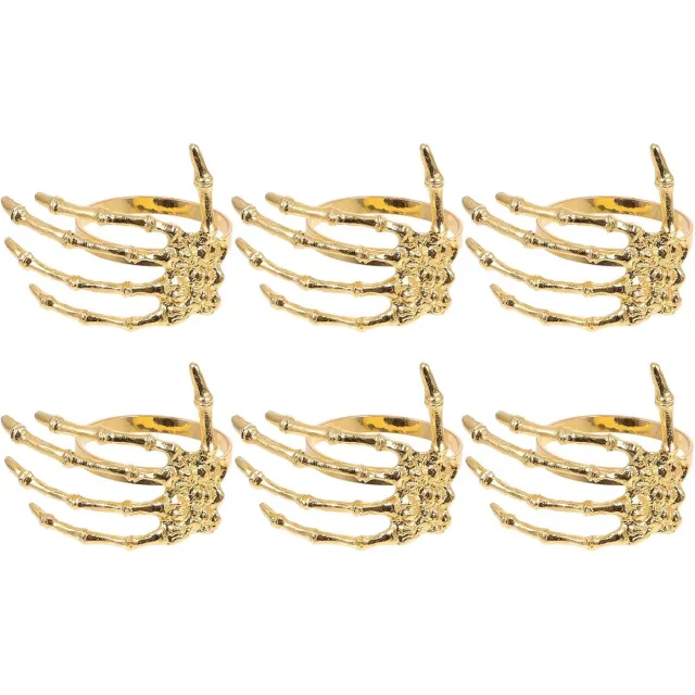 HisKes 6 Pcs goudkleurige servetringen van metaallegering in skelet‑ / spookhandvorm - decoratieve Halloween servethouders voor formele en informele feesttafels