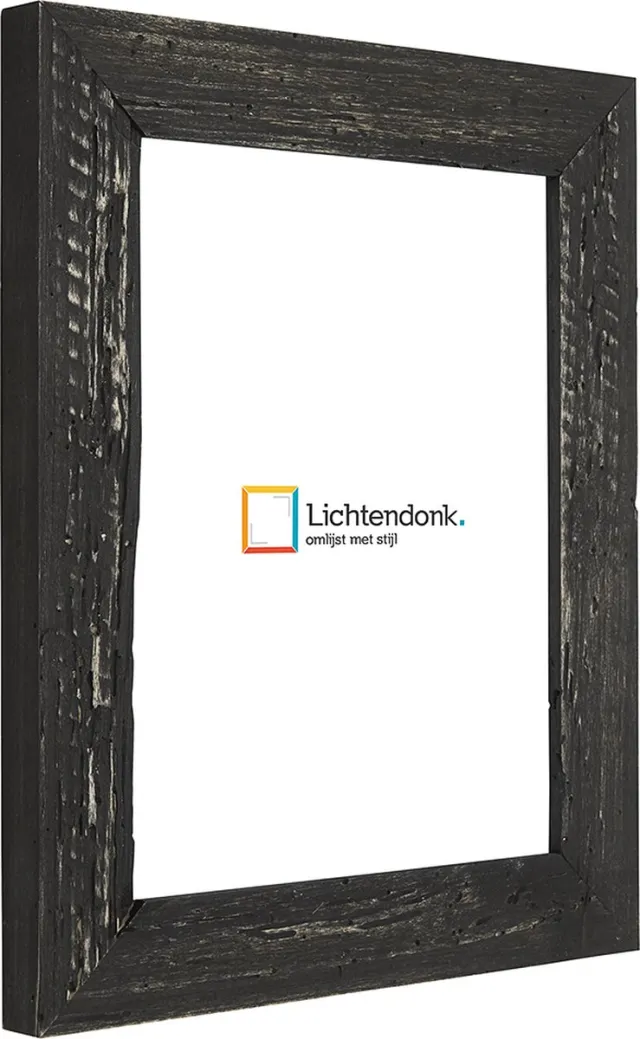 Lichtendonk Fotolijst - Fotokader Zwart Verouderd Hout - met echte houtworm gaatjes - Fotomaat 27x48 - Helder glas - Art.nr. 1009970527482