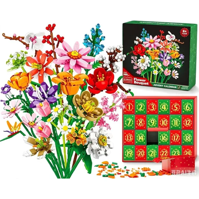 Pyreta Adventskalender 2026 - Bouwset voor zonnebloemboeket - Aftellen naar Kerstmis (24 dagen) - Botanisch bouwspeelgoed -Adventskalender met bouwstenen Multicouleur