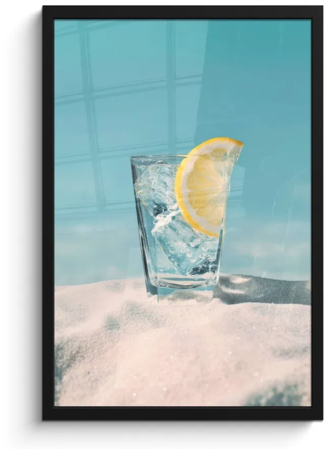 FrameYourWall Poster in lijst - Fotolijst 40x60 cm - Posters - Glas - ijsblokjes - Citroen - Posterlijst zwart - Decoratie - Wanddecoratie woonkamer - Muurdecoratie slaapkamer