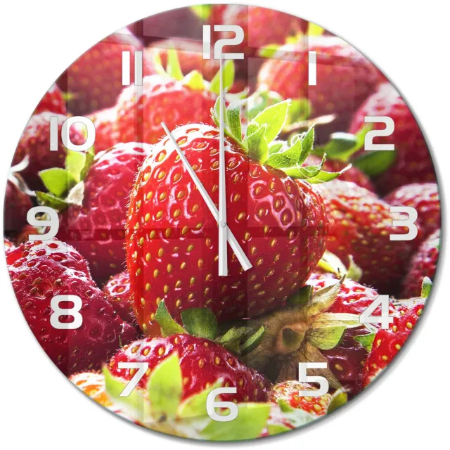 TULUP Wandklok - Aardbeien Wandklok Glas Met Motief - fi60 cm - Rood Decoratieve Glazen Klok - Witte handen - Ronde Klok - Gekleurde Glazen Klok - Glazen Klok Met Print