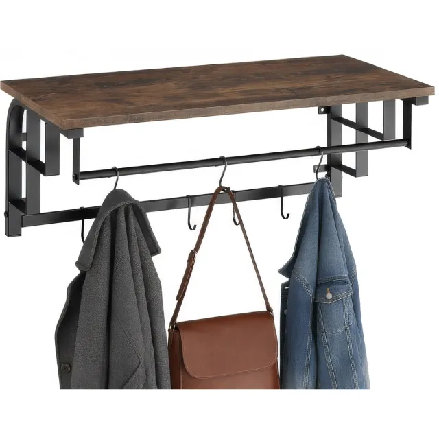 Tectake Wandkapstok met houten plank - Wandplank met 5 afneembare haken en ophangstang - Industrieel design - Zwart metalen frame - Afmeting (LxBxH) 66 x 30 x 27 cm - Donkerbruin bruindonker