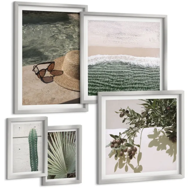 Coloray 5-Delige Schilderij Set - Bladeren Van Tropische Planten In Pastelkleuren - 20 x 30 cm - Moderne Wanddecoratie - Woonkamer - Decoratieve Schilderijen Zilveren lijst