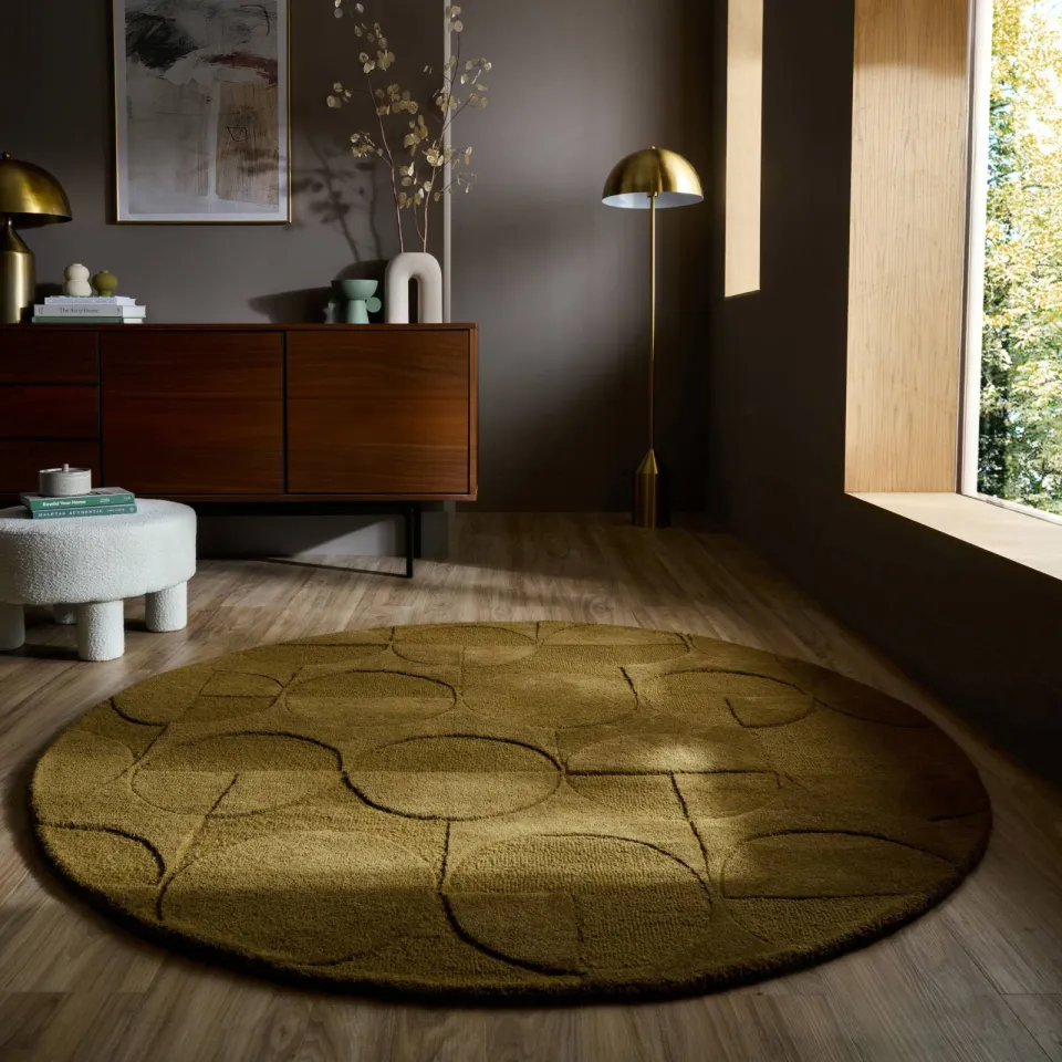 Flair Rugs Gigi Wool Geometric Circle rond vloerkleed olijfgroen, foto 2