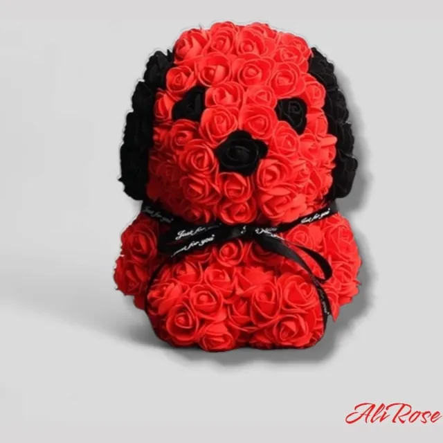 AliRose Knuffel Dog - Rose Hond - Cadeau - Kerst - Valentijn - Partner - LOVE - Amor - Liefde - Rozen - Eeuwige Roos - Knuffel - Hond - Gift - Kado - 25 CM Rood, Zwart