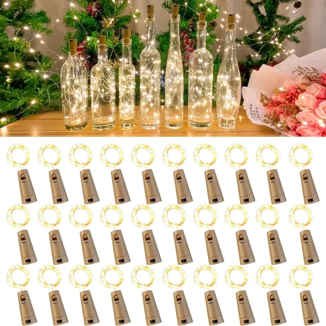 YAGXIG Fleskurkverlichting - Wijnflesverlichting - LED-lichtsnoer op batterijen - 2 meter, 20 LED's, koperdraad, kerstverlichting, geschikt voor feesten, bruiloften, kerstdecoratie binnen en buiten - 30 stuks