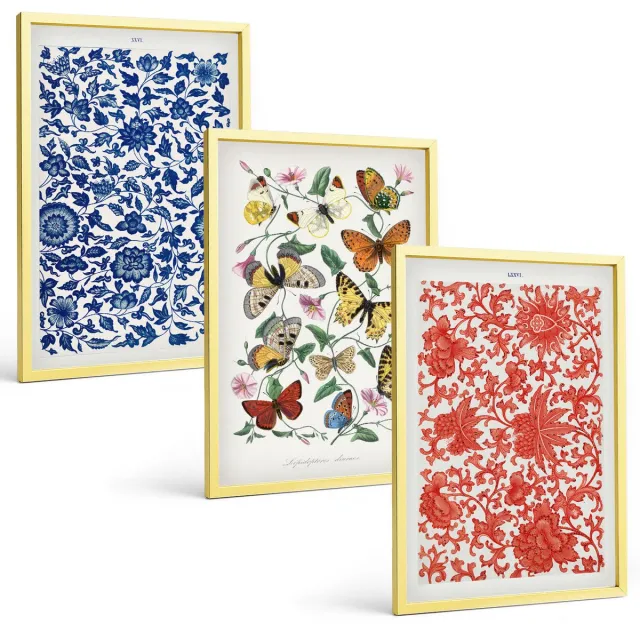 TULUP 4-Delige Schilderij Set - Vintage posters met bloemen, vlinders en ornamenten - 40 x 60 cm - Stijlvolle Muurdecoratie - Kantoor Gouden lijst