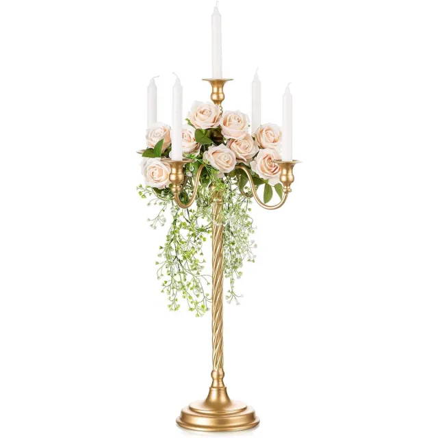 Allecto Plus Gouden kandelaars houder voor bruiloft en feest - 71cm hoog - Retro vloer kandelaar met 5 armen - Taps kaars middelpunt - Kerstfeest en verjaardag - Luxe tafeldecoratie Any